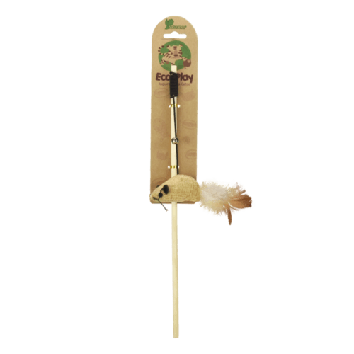 Juguete para gato, caña de pescar Juguete para gato en forma de caña de pescar elaborado con textiles naturales, señuelo colgante en forma de ratón con plumas, con cascabel y cordón elástico. Ideal para interactuar, ya que con la vara dirigimos y controlamos el juego, lanzando y jalando. Diseñado para satisfacer las necesidades de juego de tu gato, al estimular su instinto de exploración y persecución. Ayuda a desaparecer la ansiedad, el estrés y el aburrimiento.
