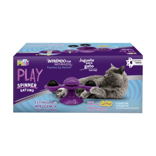 Juguete para gato spinner gatuno con catnip para gato de la línea Play de Fancy Pets está diseñado para estimular el instinto cazador de tu gato, con elementos que llamarán su atención como el movimiento y las luces del spinner. Promueve la salud dental.