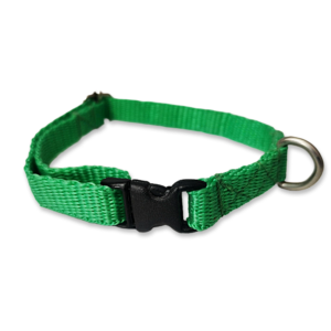 Collar para perros color verde, fabricado con tela de nylon ideal para brindar seguridad y comodidad a tu mascota. El collar es de tamaño chico, con medida de 35cm de largo como máximo, el cual es ajustable y 1cm de ancho.